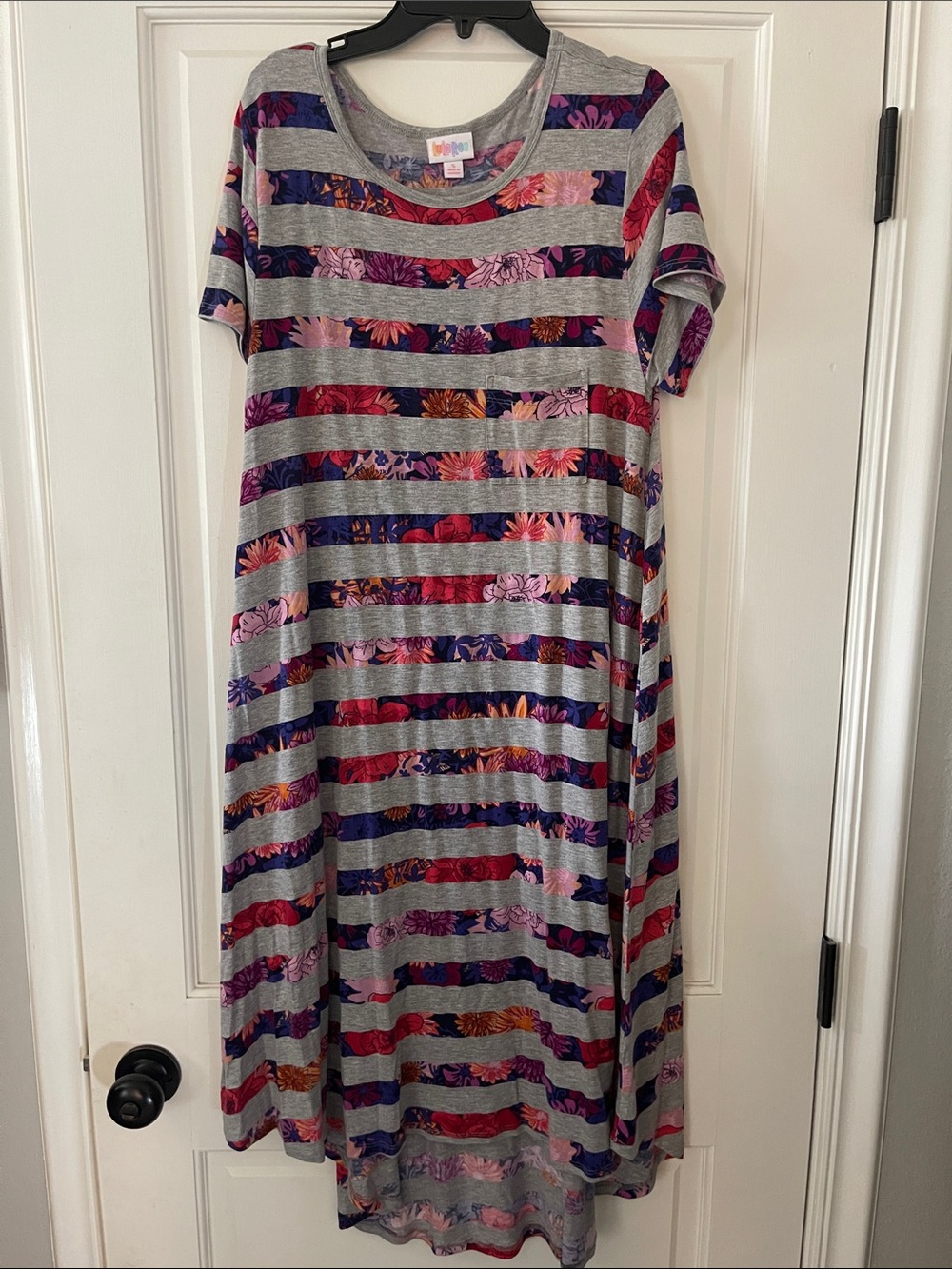 Lularoe Carly Striped Floral Midi Dress in Gray with Multicolor Stripes